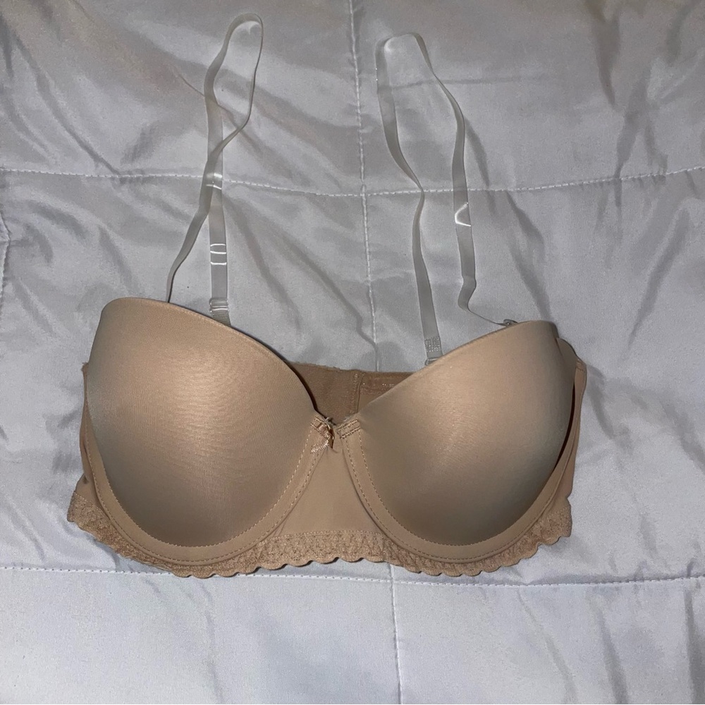 Aerie Tan Nude Real Happy Clear Straps Straplesss Bra